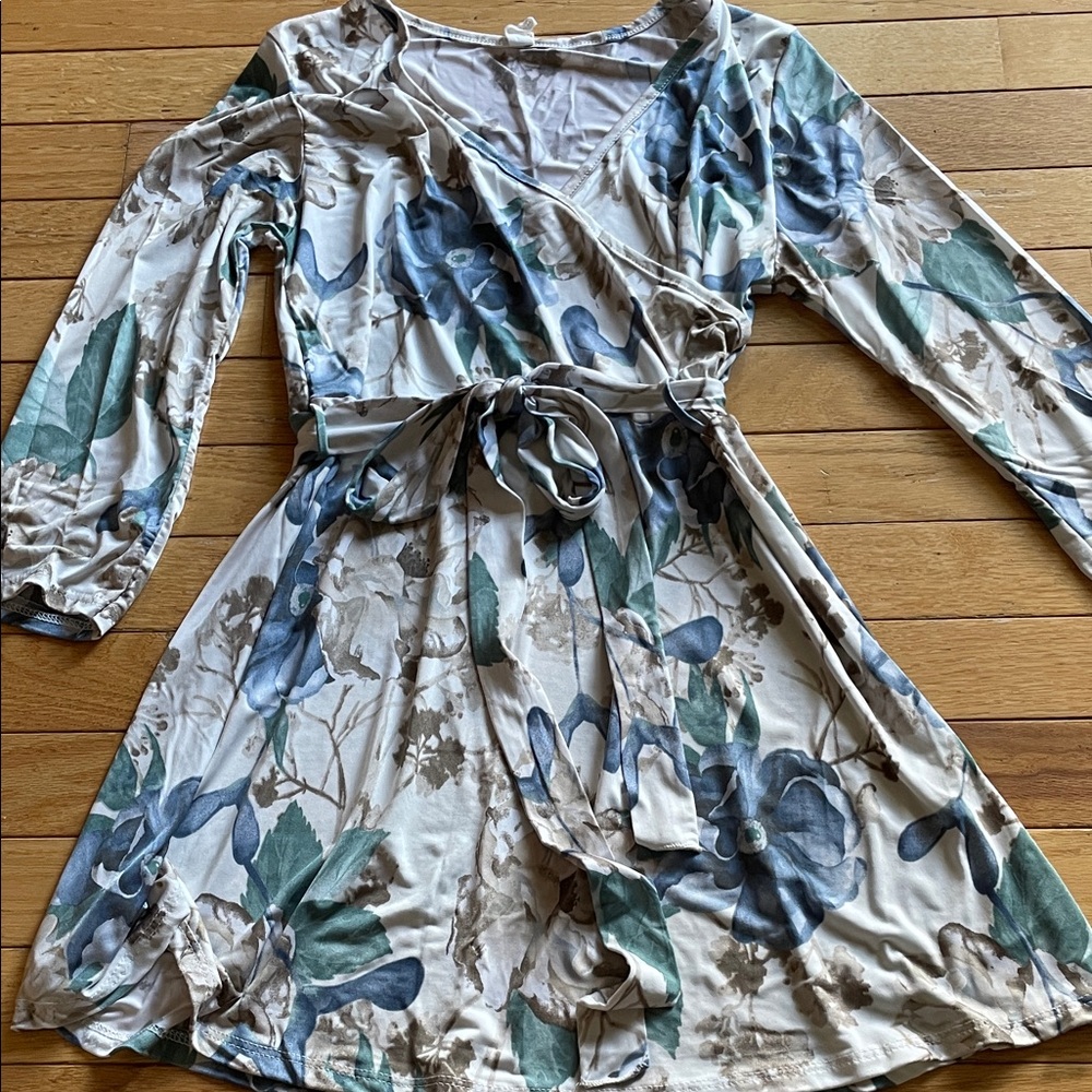 Pinkblush 3/4 Sleeve Floral Faux Wrap Tunic in Blue and Green